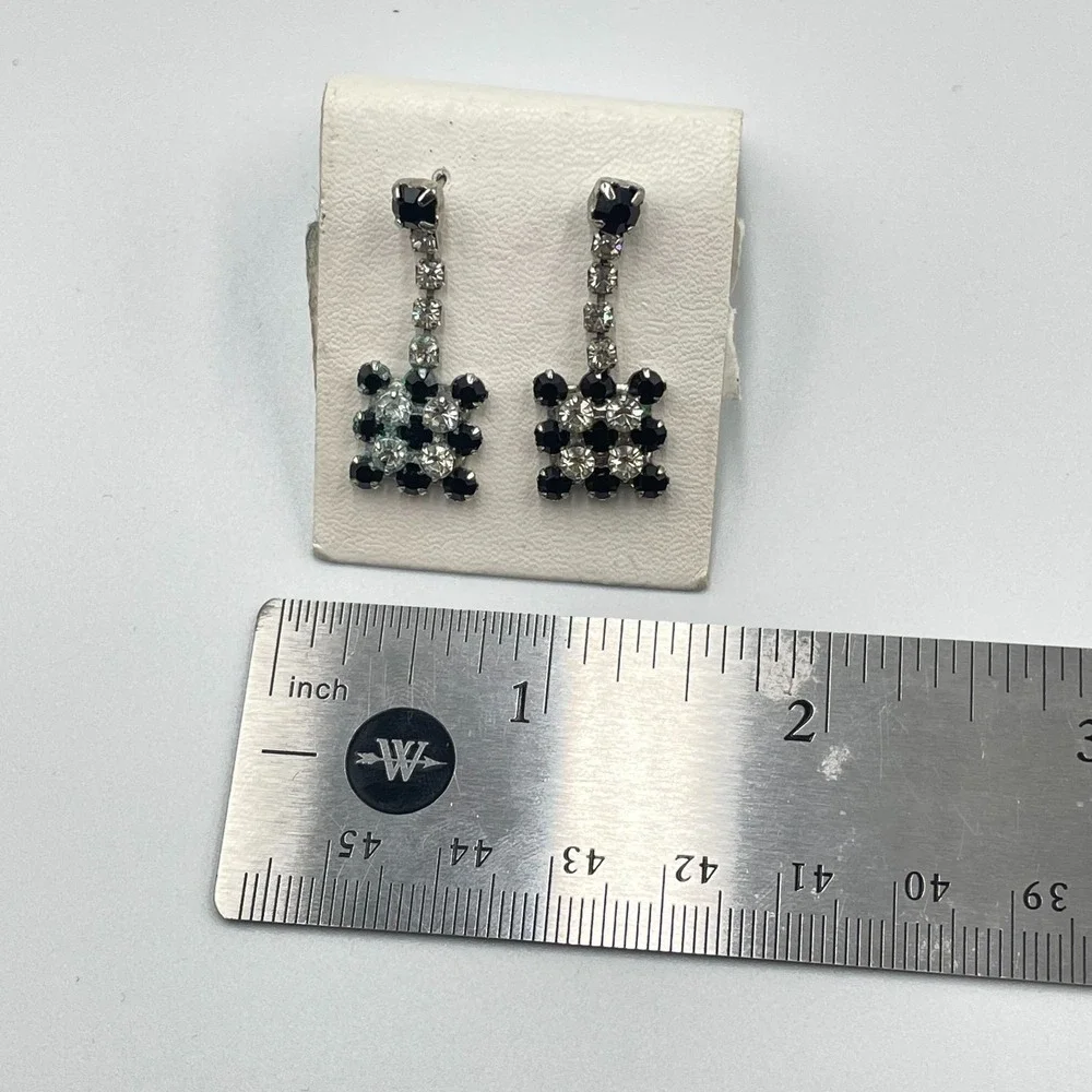 Vintage‎ Silver-Tone Glamour Prong Rhinestone Beads Checkerboard Dangle Earrings